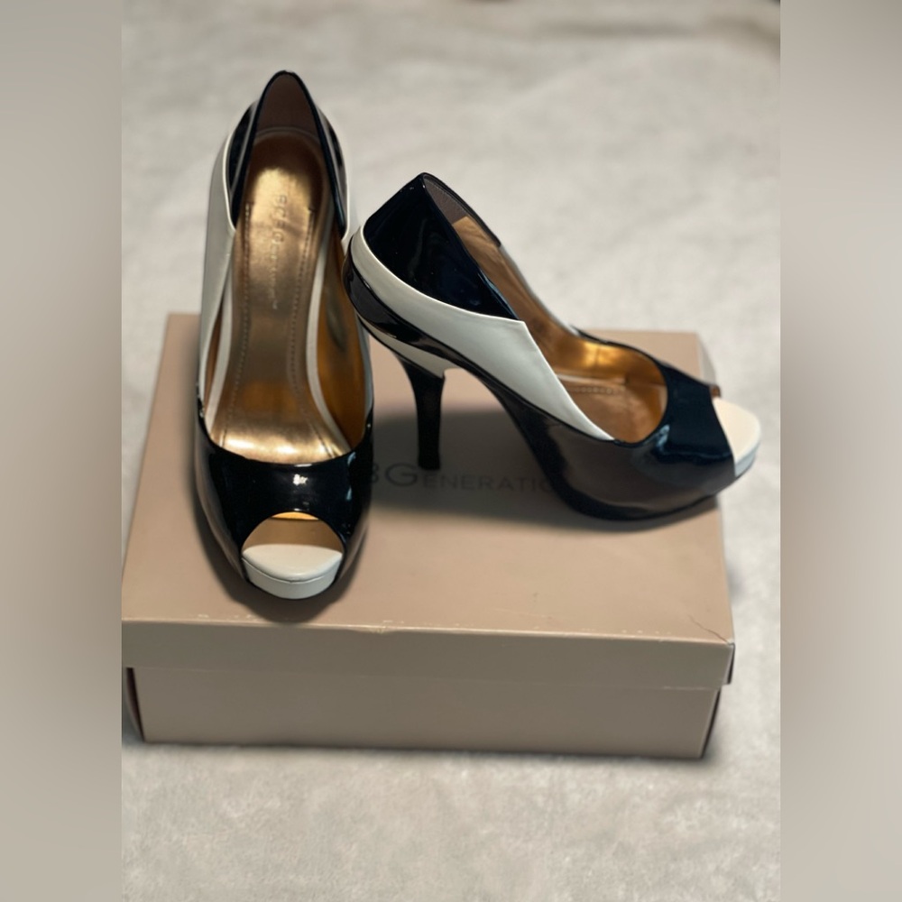 BCBGeneration Women’s Liberty Black/White Patent Leather Platform Peeptoe Pumps